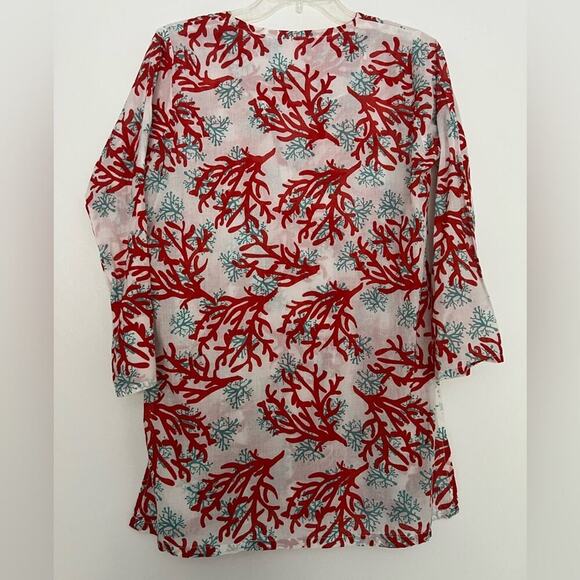 Barbara Gerwit White Red Blue Coral Pattern 3/4 Sleeve Tunic - Picture 2 of 6
